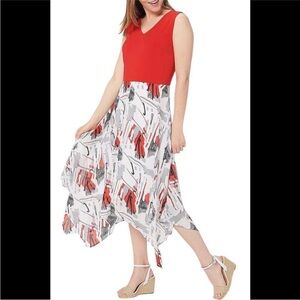 4/$25 Truth + Style Mix Media Printed Chiffon Hi-Lo Midi Dress Red/Grey Sz XS